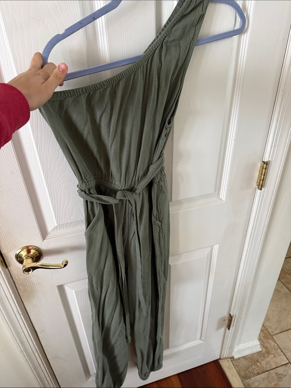 American Eagle Outfitters One-Shoulder Olive Dress with Waist Tie